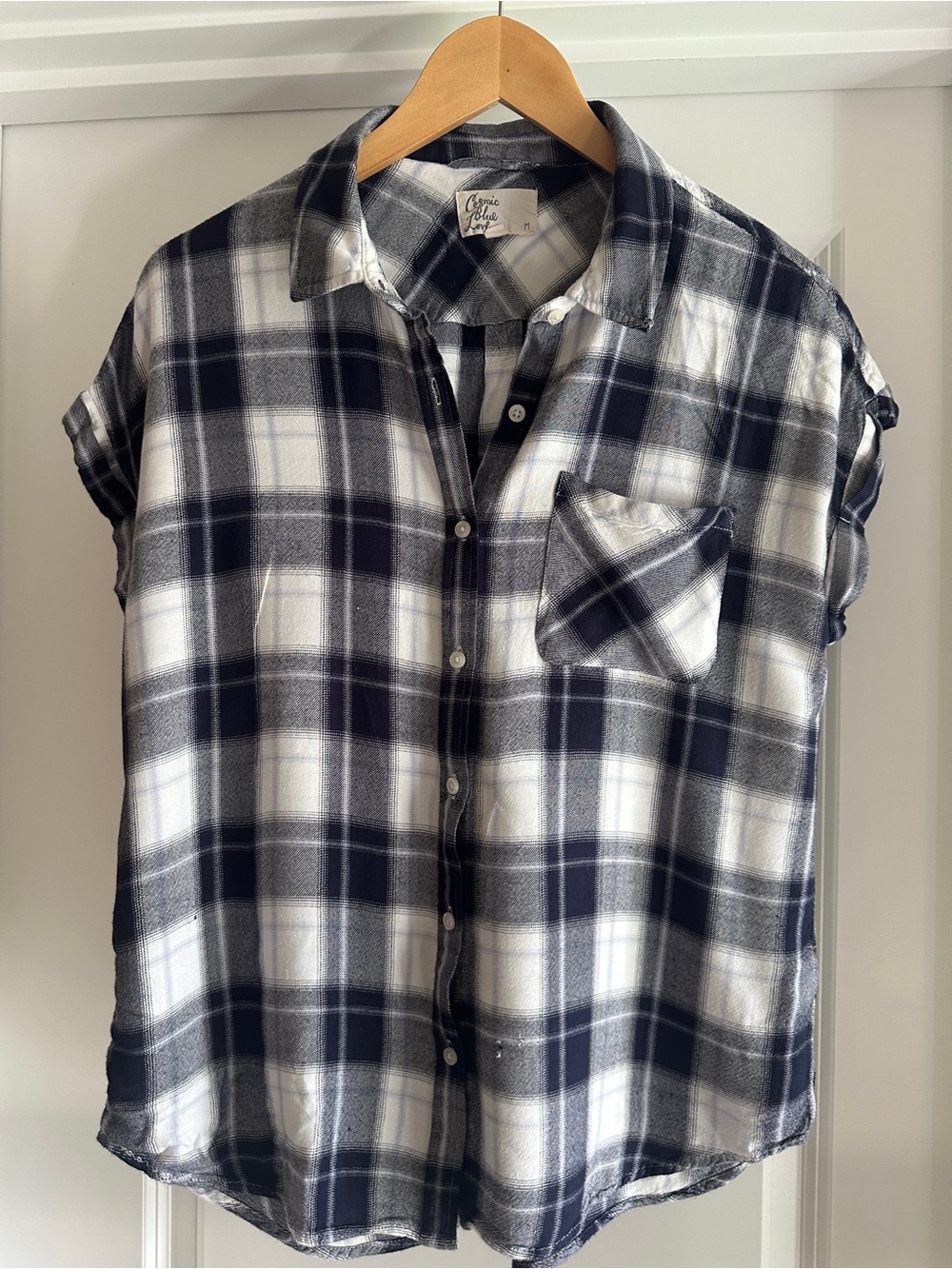 Cosmic Blue Love Navy and White Plaid Short-Sleeve Button-Down Shirt